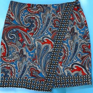 NEW YORK & COMPANY Red White Blue Paisley Faux Wrap Mini Pencil Skirt sz 12